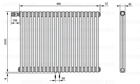 Схема (чертеж) Радиатор Zehnder Charleston 2200/21 №V007 Белый глянцевый RAL 9016